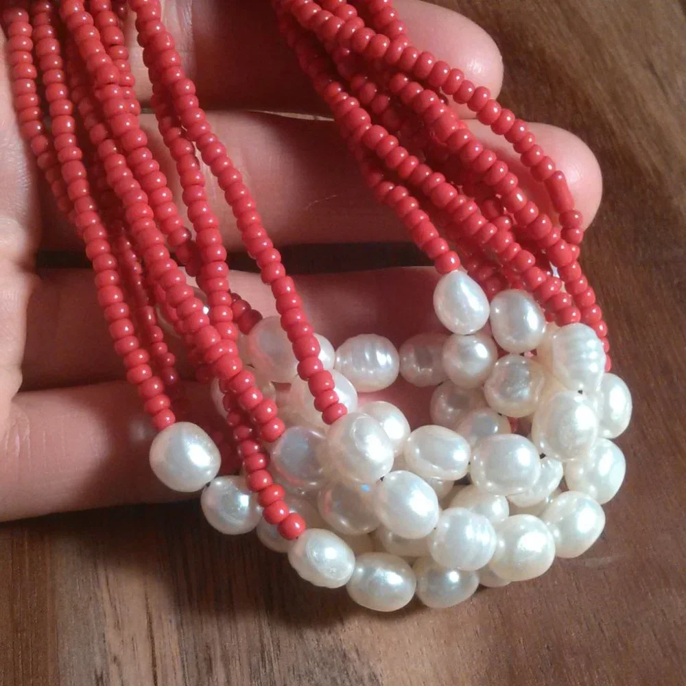 Red Seed Bead and Faux Pearl Multi-Strand Stretch Bracelet